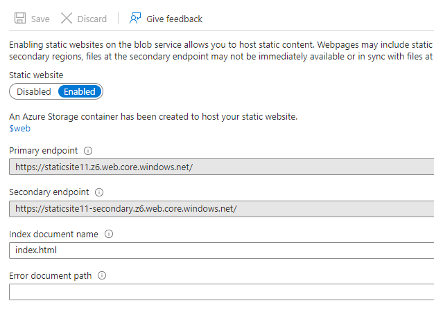 Blob Storage static website config