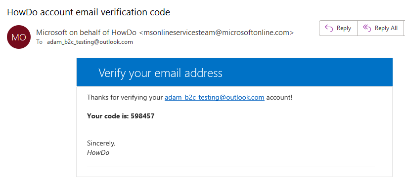 Default verification email sent by Azure AD B2C