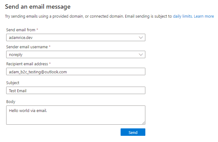 Sending a test email from the Azure Portal